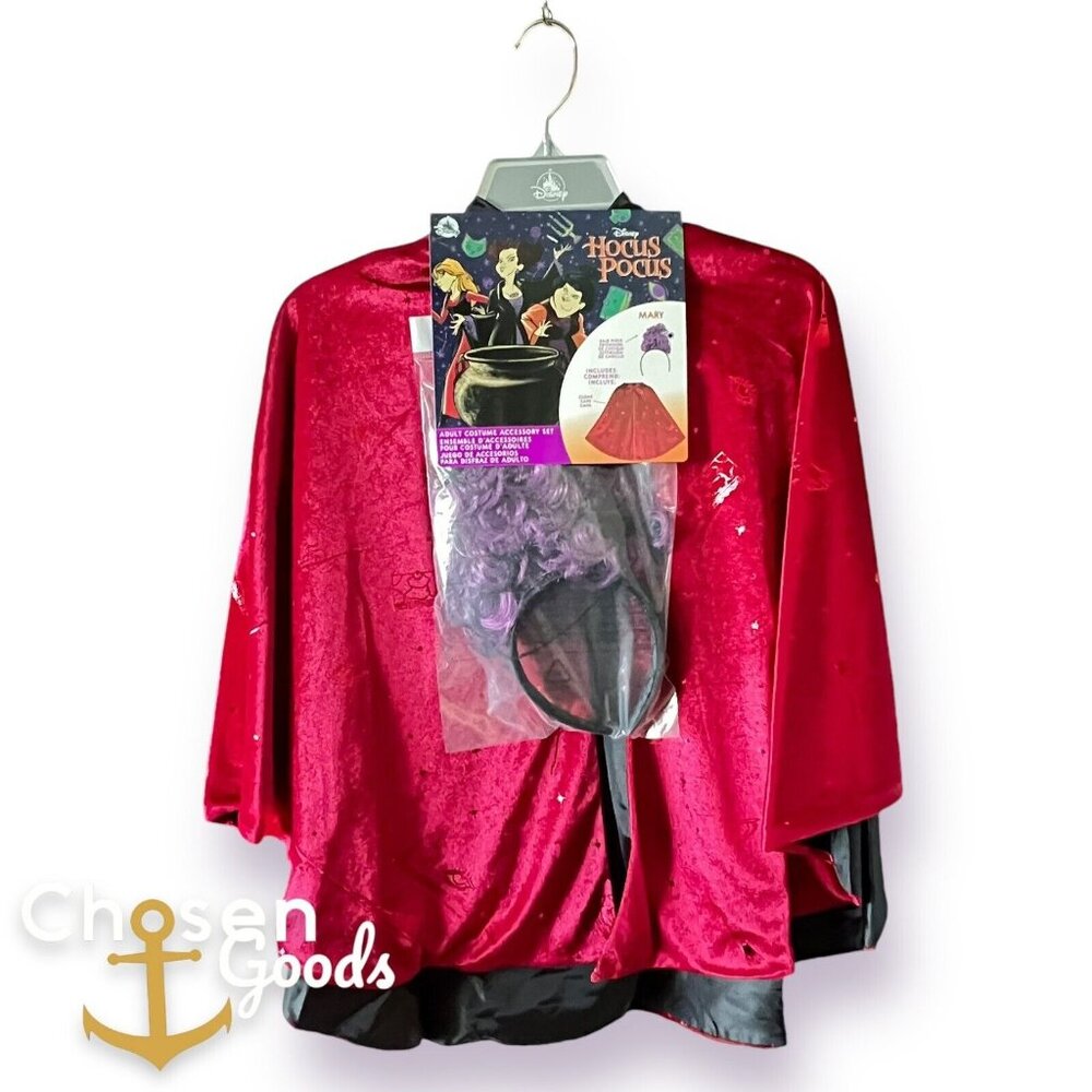 Mary Sanderson Halloween Costume Red Velvet Cape + Wig Disney Hocus Pocus Women